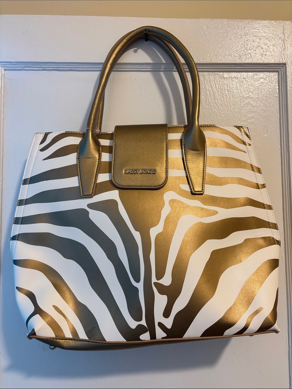 Sassy Jones Gold and White Zebra-Print Tote